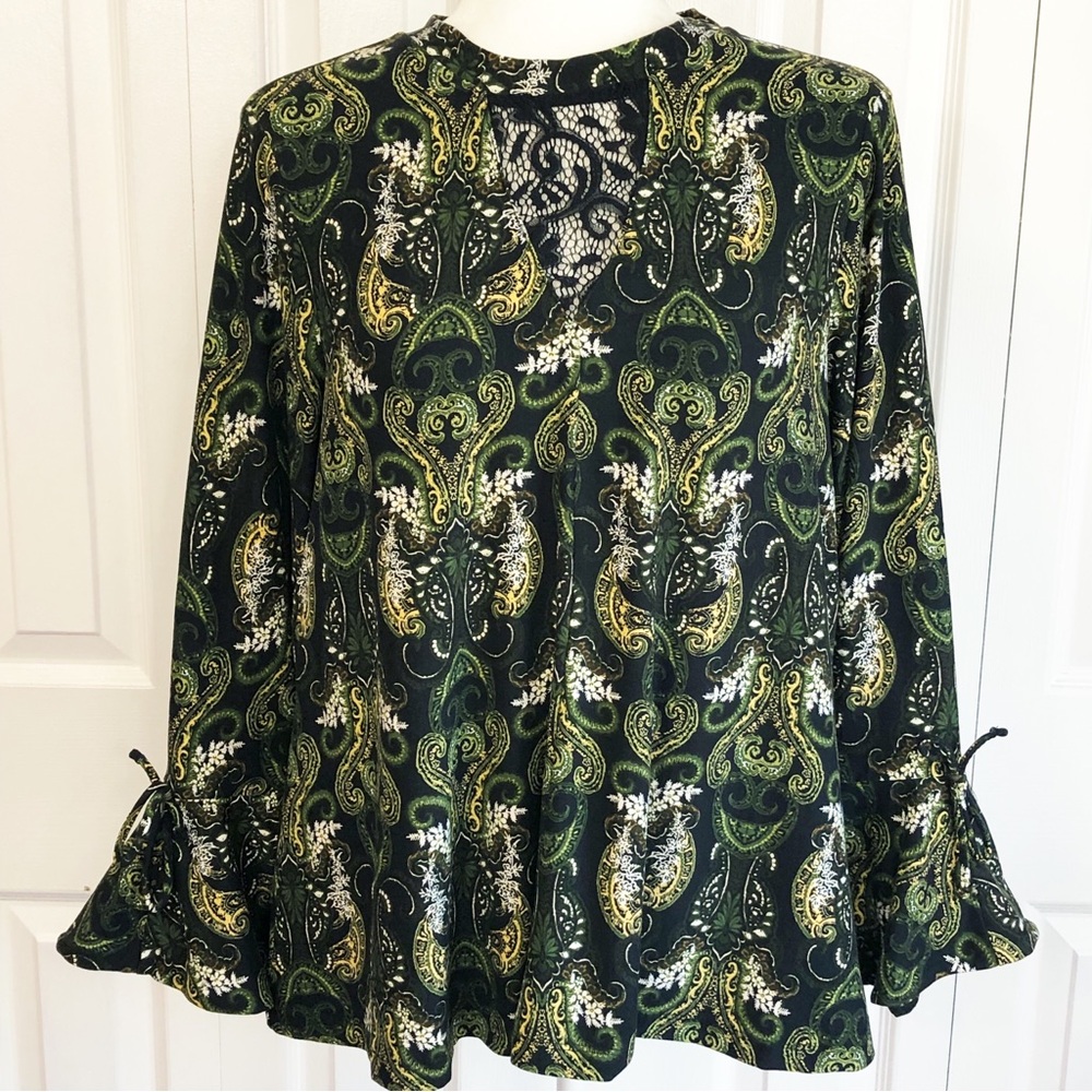 Skye's The Limit Green Paisley Sheer Lace Jacobean Bell Sleeve Top PM